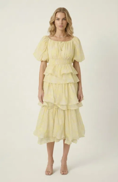Modenaire Puff Sleeve Tiered Ruffle Midi Dress In Yellow