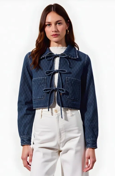 Modenaire Quilted Cropped Denim Jacket With Front Tie Closure And Patch Pockets In Blue