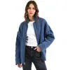 Modenaire Quilted Zip-up Jacket With Stand Collar And Square Stitch In Blue