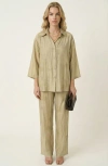 Modenaire Relaxed Button Front Shirt & Drawstring Pants Set In Green