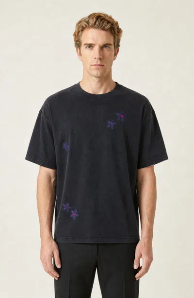 Modenaire Relaxed Fit Floral Embroidered Crewneck T Shirt With Washed Finish In Black