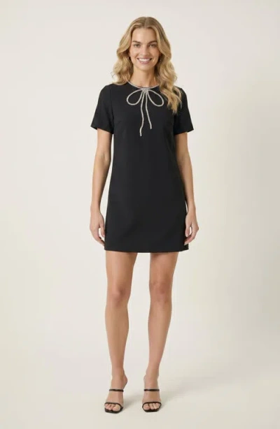 Modenaire Rhinestone Bow Detail Short Sleeve Mini Dress In Black