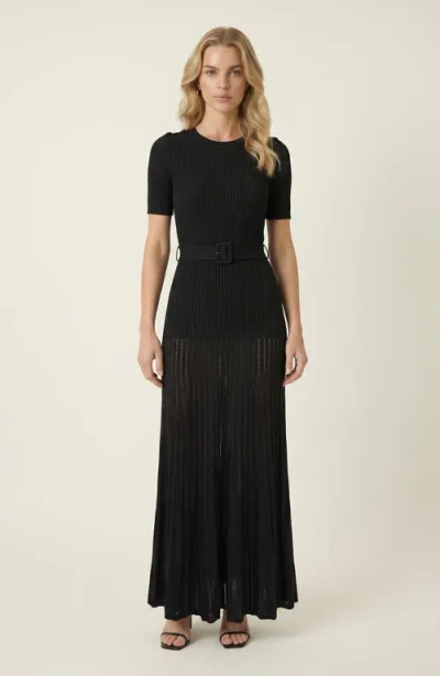 Modenaire Ribbed Knit Belted Waist Pleated Midi Dress In Black