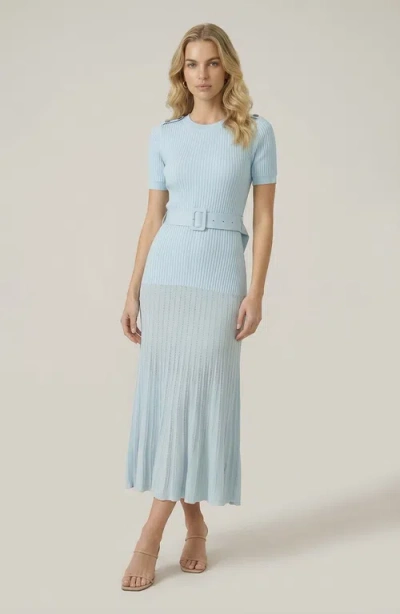 Modenaire Ribbed Knit Belted Waist Pleated Midi Dress In Blue