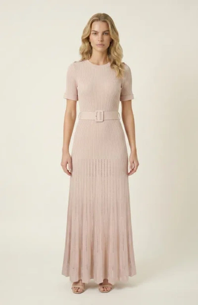 Modenaire Ribbed Knit Belted Waist Pleated Midi Dress In Gray