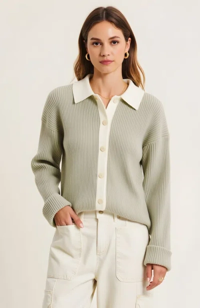 Modenaire Ribbed Knit Cardigan With Contrast Trim, Button Front And Point Collar In Green