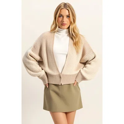 Modenaire Ribbed Knit Cardigan With Drop Shoulders, Relaxed Fit And Cropped Hem In Sand