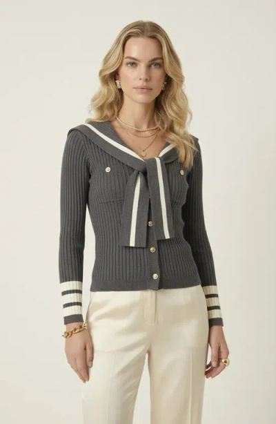 Modenaire Ribbed Knit Cardigan With Sailor Collar And Contrast Trim In Gray