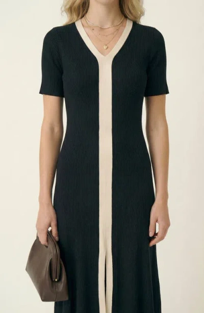 Modenaire Ribbed Knit Contrast Placket Midi Dress In Black