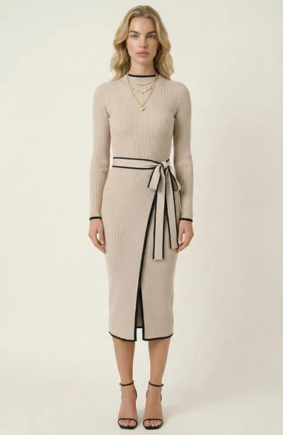 Modenaire Ribbed Knit Contrast Trim Tie Waist Midi Dress In Neutral