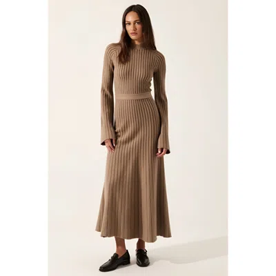 Modenaire Ribbed Knit Long Sleeve Maxi Dress With Flared Cuffs And Fit-and-flare In Brown