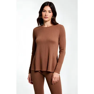 Modenaire Ribbed Knit Long Sleeve Top And Flared Pants Lounge Set With Side Slit Detail In Brown