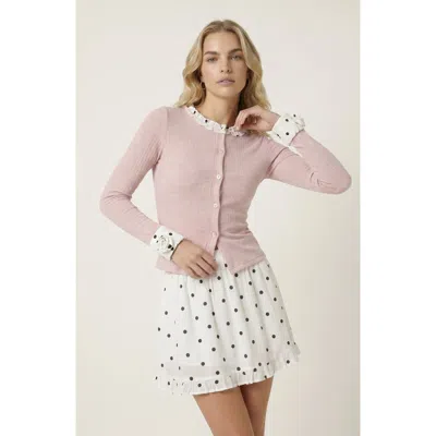 Modenaire Ribbed Knit Two Piece Set With Ruffle Collar Cardigan And Polka Dot Skirt In Pink