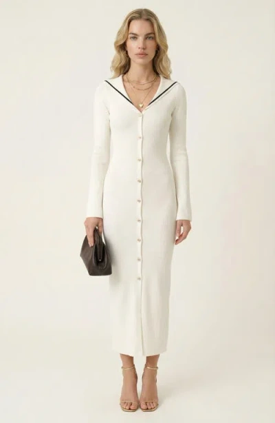 Modenaire Ribbed Knit V-neck Contrast Trim Midi Dress In White