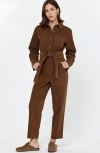 Modenaire Ribbed Long-sleeve Jumpsuit With Patch Pockets In Brown