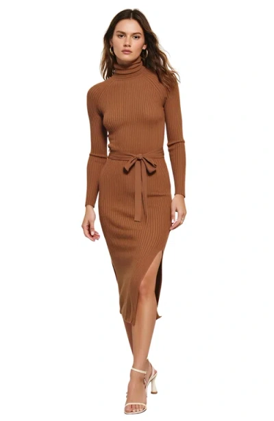 Modenaire Ribbed Turtleneck Sweater Dress With Waist Tie And Side Slit Detail In Brown