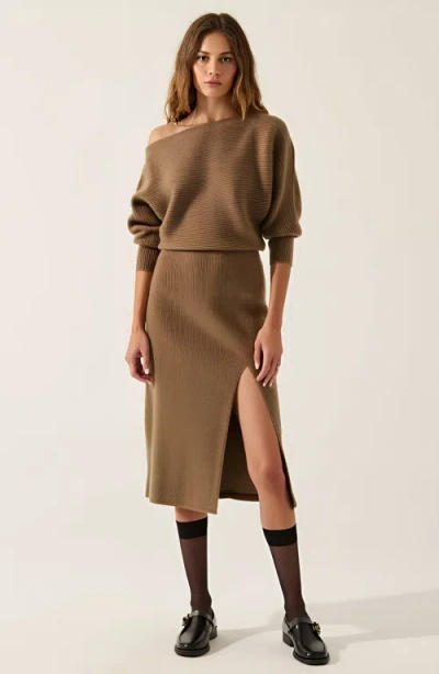 Modenaire Rib-knit One-shoulder Dolman Midi Sweater Dress In Brown