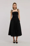 Modenaire Ruched Bodice Midi Dress With Tie Straps And Gathered Skirt In Black