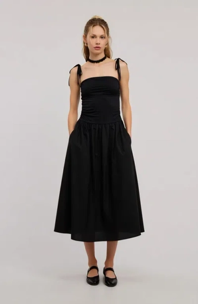 Modenaire Ruched Bodice Midi Dress With Tie Straps And Gathered Skirt In Black