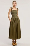 Modenaire Ruched Bodice Midi Dress With Tie Straps And Gathered Skirt In Green