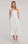 Modenaire Ruched Bodice Midi Dress With Tie Straps And Gathered Skirt In White