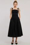 Modenaire Ruched Bodice Midi Dress With Tie Straps And Gathered Skirt In Black