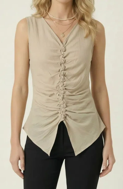 Modenaire Ruched V Neck Top With Sleeveless Cut And Pointed Hem In Sand