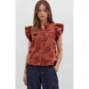 Modenaire Ruffle Sleeve Blouse With Textured Floral Embroidery And Button Front In Brown