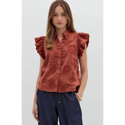 Modenaire Ruffle Sleeve Blouse With Textured Floral Embroidery And Button Front In Brown