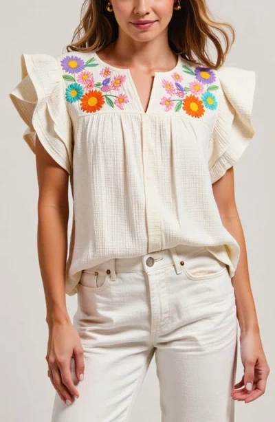 Modenaire Ruffle-sleeve Button-front Blouse With Floral Embroidery In Off-white/cream