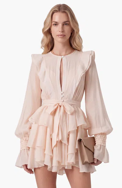 Modenaire Ruffle Tiered Long Sleeve Mini Dress In Pink