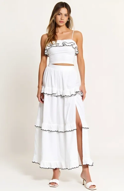 Modenaire Ruffle Trim Cropped Top And High-slit Maxi Skirt Outfit Set In White