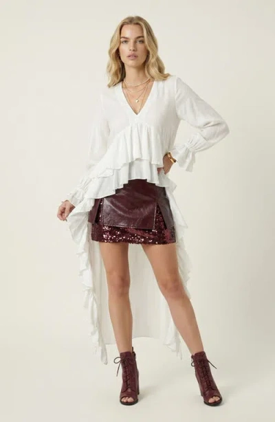 Modenaire Ruffle Trim High Low Blouse In White