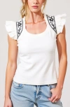 Modenaire Ruffled Cap-sleeve Knit Top With Embroidered Shoulder Detail In Multi