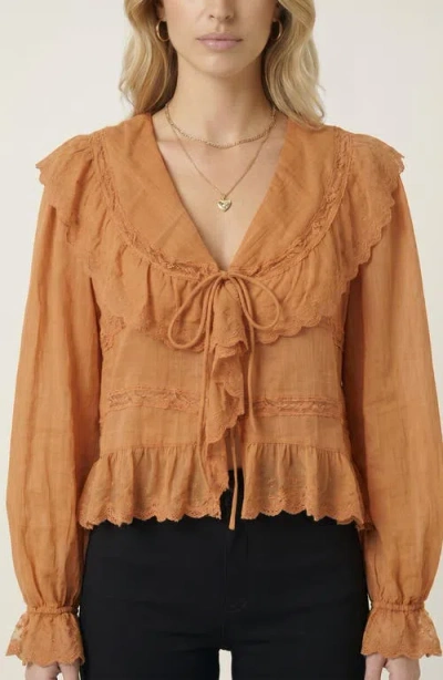 Modenaire Ruffled Lace Trim Lightweight Tie Front Blouse In Orange