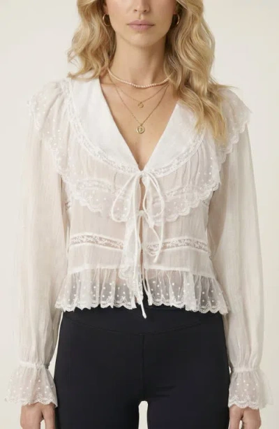 Modenaire Ruffled Lace Trim Lightweight Tie Front Blouse In Yellow