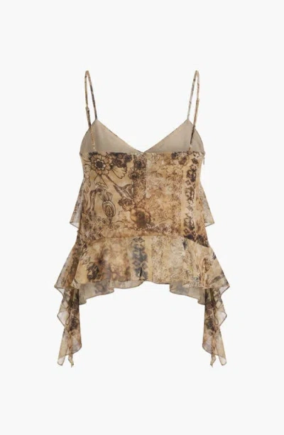 Modenaire Ruffled Lightweight Layered Hem Spaghetti Strap Top In Brown
