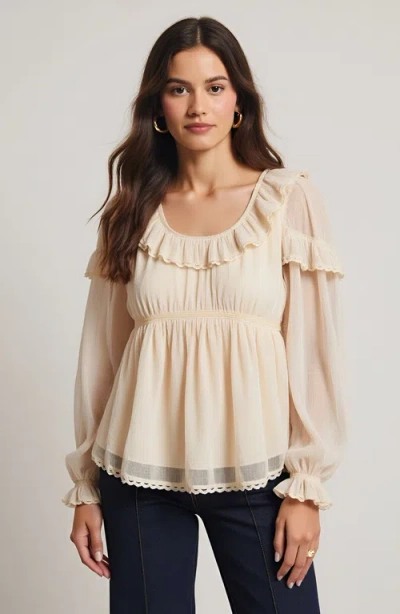 Modenaire Ruffled Long Sleeve Blouse With Sheer Finish And Lace Trim In Neutral