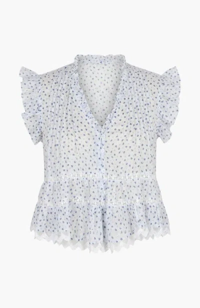 Modenaire Ruffled V-neck Button-front Tiered Lace Hem Blouse In Blue