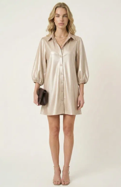 Modenaire Satin Button-up Shirt Dress With Puff Sleeves And Collar In Neutral