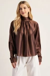 Modenaire Satin Long Sleeve Blouse With Gathered Neckline And Tie Back Bow In Brown