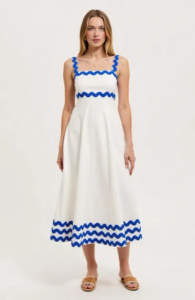 Modenaire Scalloped Strap Maxi Dress With Wave Trim And A-line Silhouette In White