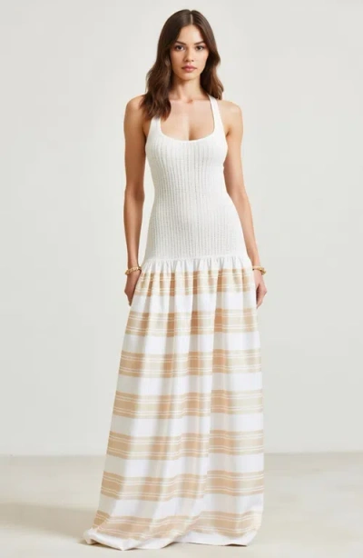 Modenaire Scoop Back Maxi Dress With Knit Bodice And Striped Skirt In Neutral