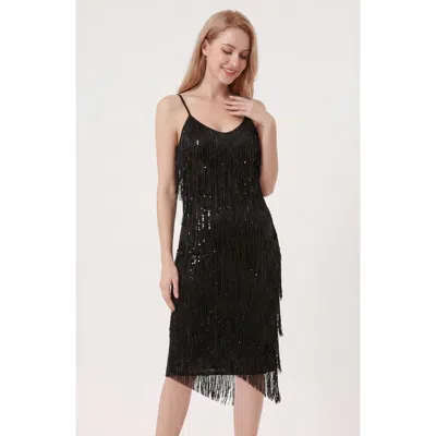Modenaire Sequin Fringe Midi Dress With Spaghetti Straps In Black