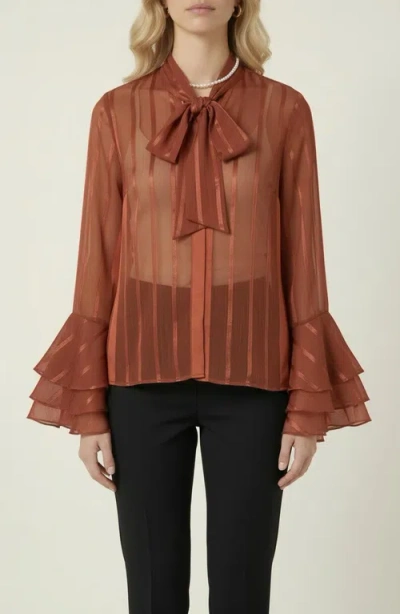 Modenaire Sheer Blouse With Tie Neck Detail And Bell Sleeves In Orange