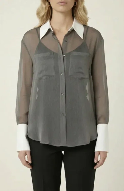 Modenaire Sheer Button-up Contrast Collar And Cuff Detail Blouse In Gray