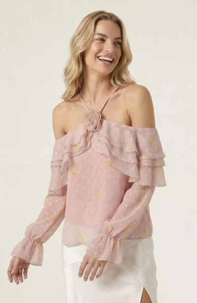Modenaire Sheer Cold-shoulder Floral Applique Ruffle Trim Blouse In Pink