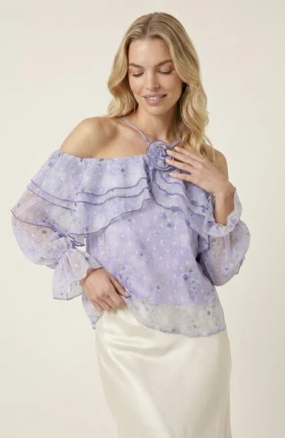 Modenaire Sheer Floral Ruffle Top With Rosette Neck In Purple