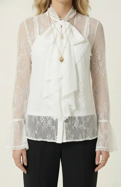 Modenaire Sheer Lace Bow Tie Neck Ruffle Front Detail Blouse In White