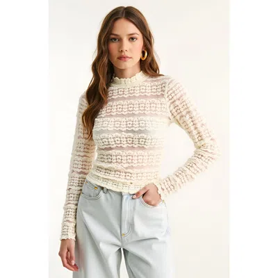 Modenaire Sheer Lace Long Sleeve Top With Scalloped Mock Neck In Neutral